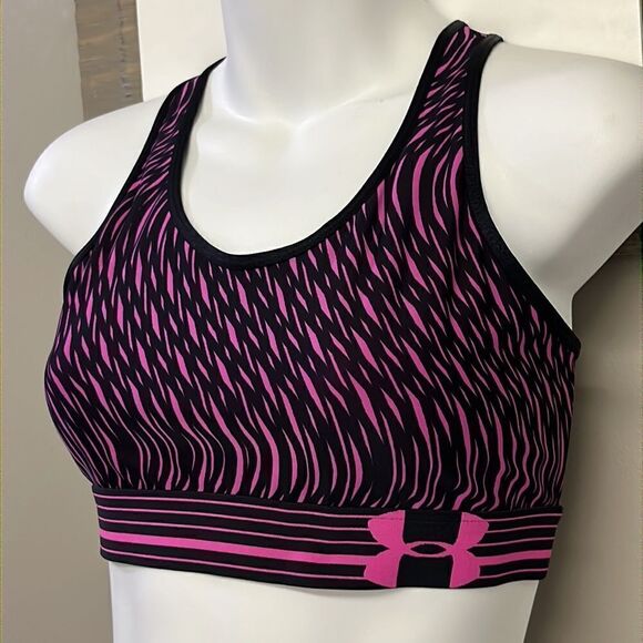Under Armour Black/Pink Abstract Design Compression HeatGear Sports Bra- Medium - Picture 2 of 9